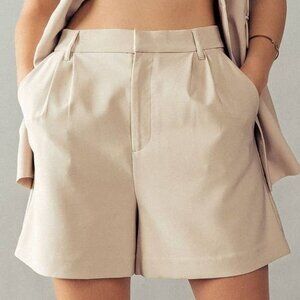 Beige High Waist Pleated Shorts